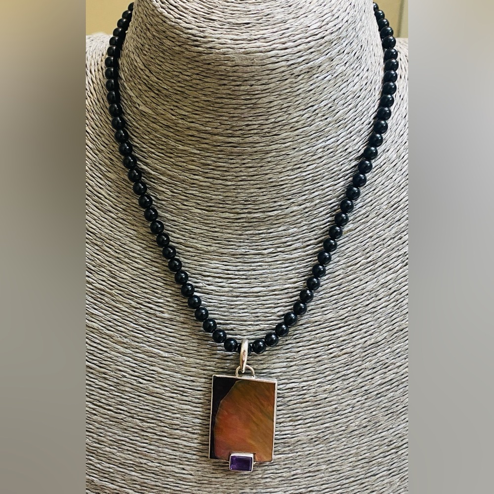 Martha Howell Amethyst and black lip oyster Big pendant in Black beaded choker